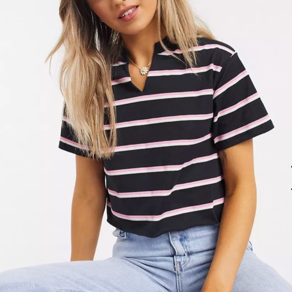 ASOS DESIGN boxy t-shirt w/notch neck in black with pink stripe - Picture 1 of 4